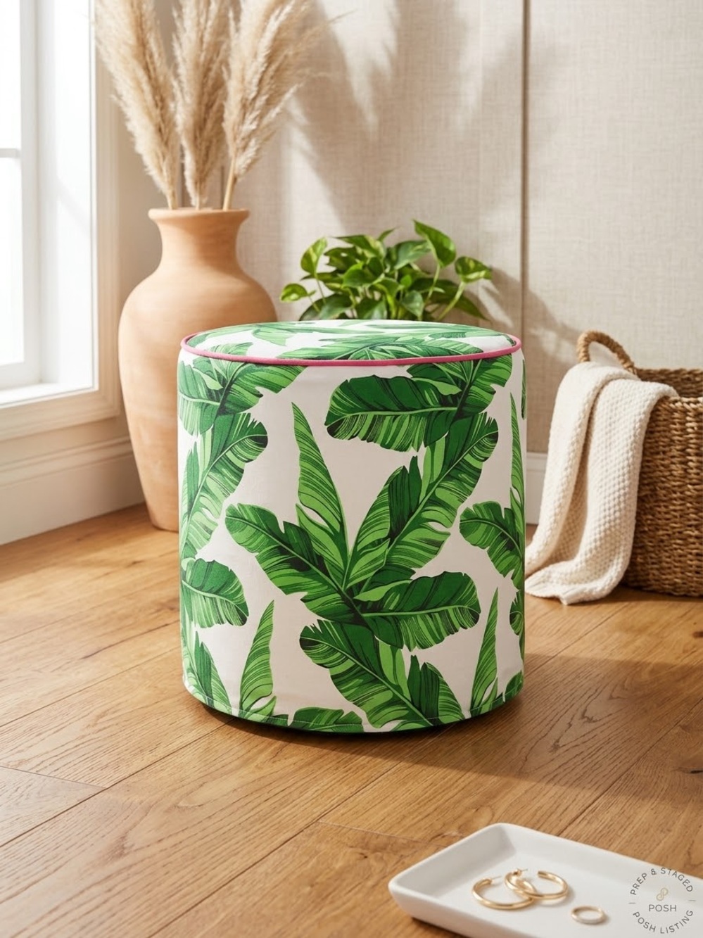 Pier 1 Tropical Green Leaf Pouf Ottoman with Pink Trim